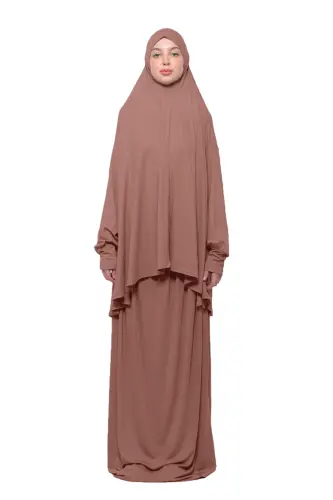 Practical Two-Piece Cotton Bat Sleeve Headscarf Organic Modest Prayer Dress-Brown 