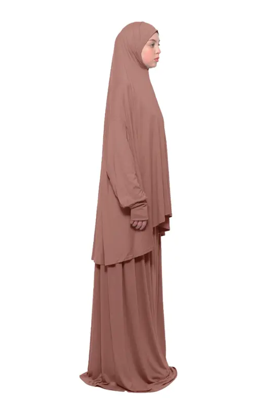Practical Two-Piece Cotton Bat Sleeve Headscarf Organic Modest Prayer Dress-Brown - 2