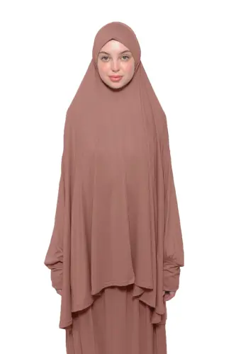 Practical Two-Piece Cotton Bat Sleeve Headscarf Organic Modest Prayer Dress-Brown - 3