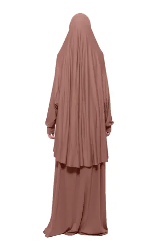 Practical Two-Piece Cotton Bat Sleeve Headscarf Organic Modest Prayer Dress-Brown - 4