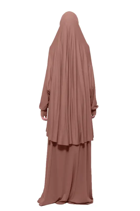 Practical Two-Piece Cotton Bat Sleeve Headscarf Organic Modest Prayer Dress-Brown - 4