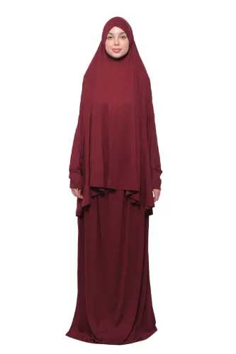 Practical Two Piece Cotton Bat Sleeve Headscarf Organic Modest Prayer Dress-Dark Burgundy-Dark Burgundy 