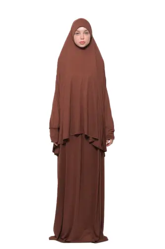 Practical Two Piece Cotton Batwing Sleeve Headscarf Organic Islamic Prayer Dress-Chocolate-Chocolate 