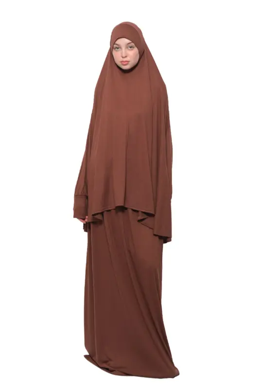 Practical Two Piece Cotton Batwing Sleeve Headscarf Organic Islamic Prayer Dress-Chocolate-Chocolate - 2