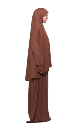 Practical Two Piece Cotton Batwing Sleeve Headscarf Organic Islamic Prayer Dress-Chocolate-Chocolate - 4