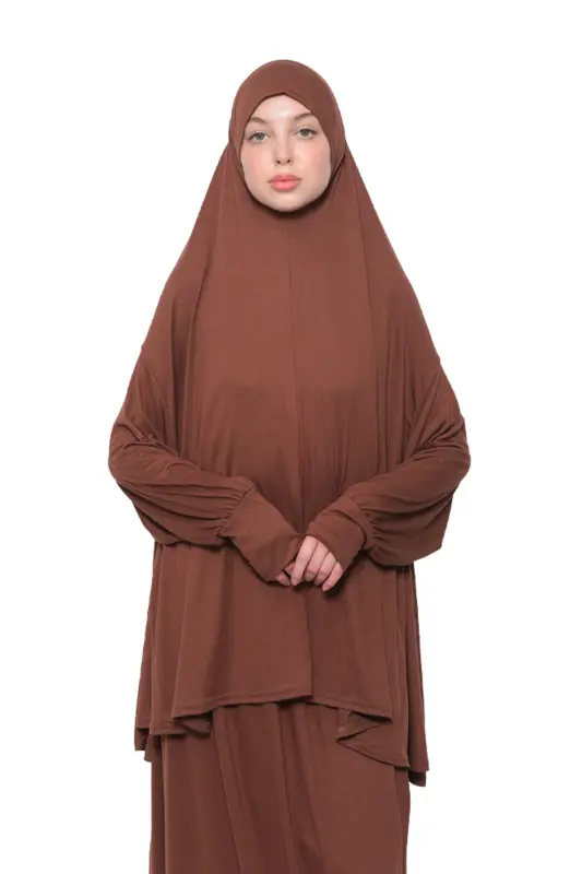 Practical Two Piece Cotton Batwing Sleeve Headscarf Organic Islamic Prayer Dress-Chocolate-Chocolate - 6