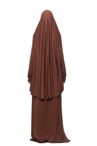 Practical Two Piece Cotton Batwing Sleeve Headscarf Organic Islamic Prayer Dress-Chocolate-Chocolate - 7