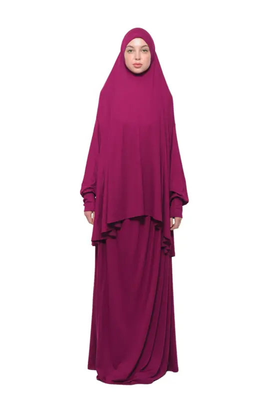 Practical Two Piece Cotton Batwing Sleeve Headscarf Organic Modest Prayer Dress-Dark Fuchsia-Dark Fuchsia - 1