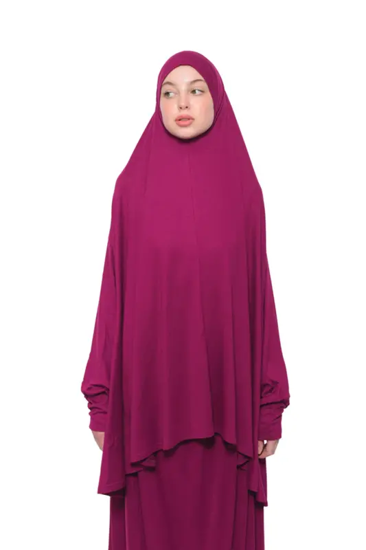Practical Two Piece Cotton Batwing Sleeve Headscarf Organic Modest Prayer Dress-Dark Fuchsia-Dark Fuchsia - 2