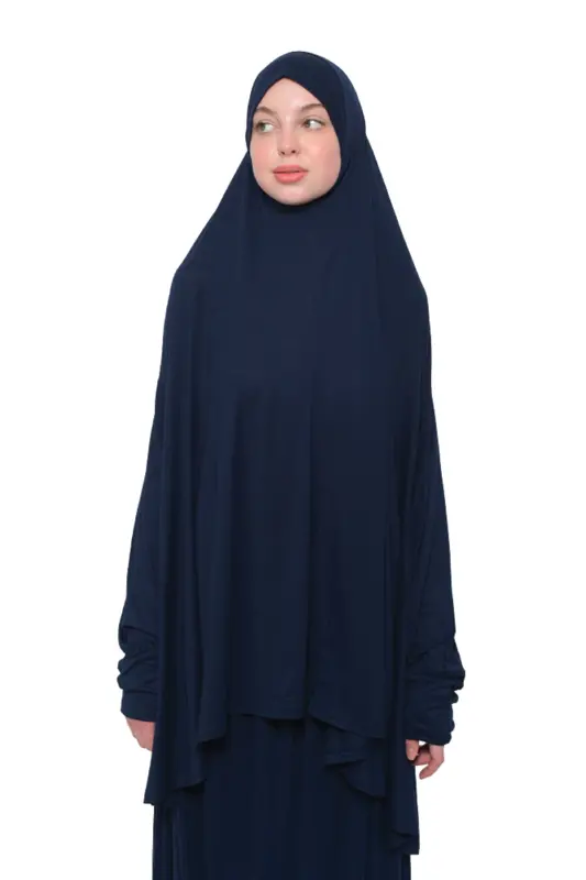 Practical Two Piece Cotton Batwing Sleeve Headscarf Organic Muslim Prayer Dress-Navy Blue-Navy Blue - 2