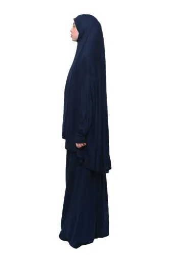 Practical Two Piece Cotton Batwing Sleeve Headscarf Organic Muslim Prayer Dress-Navy Blue-Navy Blue - 3