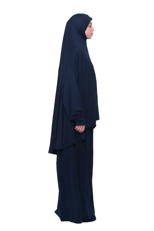 Practical Two Piece Cotton Batwing Sleeve Headscarf Organic Muslim Prayer Dress-Navy Blue-Navy Blue - 4