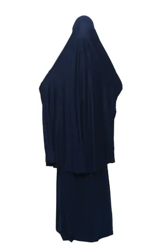 Practical Two Piece Cotton Batwing Sleeve Headscarf Organic Muslim Prayer Dress-Navy Blue-Navy Blue - 5