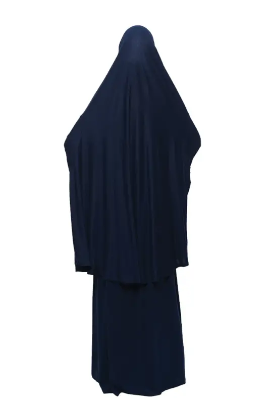 Practical Two Piece Cotton Batwing Sleeve Headscarf Organic Muslim Prayer Dress-Navy Blue-Navy Blue - 5