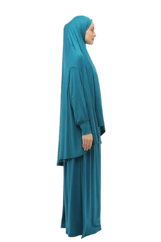Practical Two Pieces Cotton Bat Sleeve Headscarf Organic Muslim Prayer Dress-Light Petrol-Light Petrol - 5