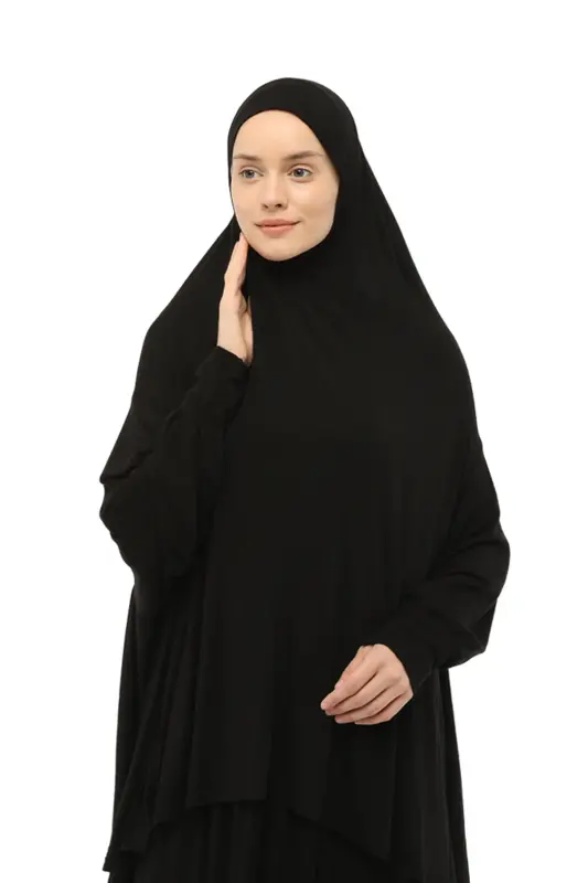 Practical Two Pieces Cotton Batwing Sleeve Headscarf Organic Muslim Prayer Dress-black-Black - 3