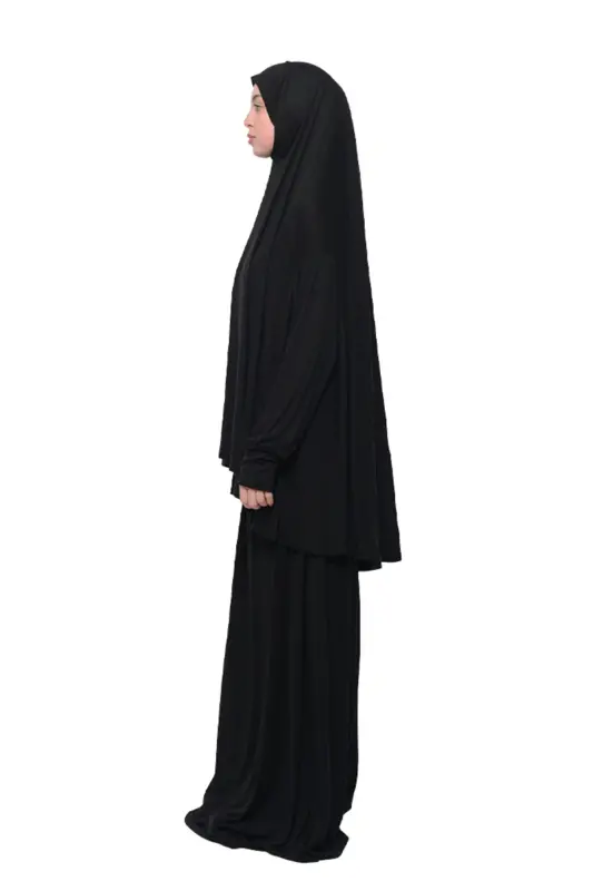 Practical Two Pieces Cotton Batwing Sleeve Headscarf Organic Muslim Prayer Dress-black-Black - 5