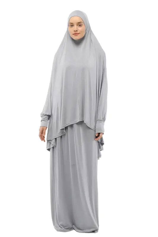 Practical Two Pieces Cotton Batwing Sleeve Headscarf Organic Muslim Prayer Dress-gray-Gray - ALTOBEH