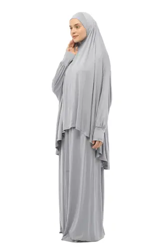 Practical Two Pieces Cotton Batwing Sleeve Headscarf Organic Muslim Prayer Dress-gray-Gray - ALTOBEH (1)