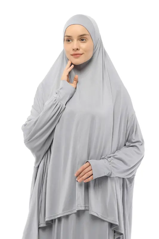Practical Two Pieces Cotton Batwing Sleeve Headscarf Organic Muslim Prayer Dress-gray-Gray - 3