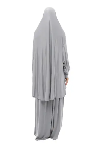 Practical Two Pieces Cotton Batwing Sleeve Headscarf Organic Muslim Prayer Dress-gray-Gray - 6