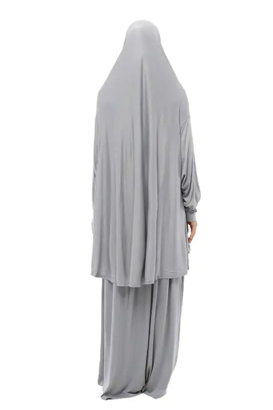 Practical Two Pieces Cotton Batwing Sleeve Headscarf Organic Muslim Prayer Dress-gray-Gray - 6