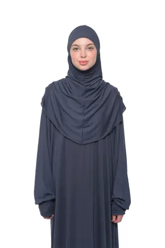 Практичное цельное платье для намаза из органического хлопка с рукавами-летучая мышь и съемным хиджабом серого цвета - 2