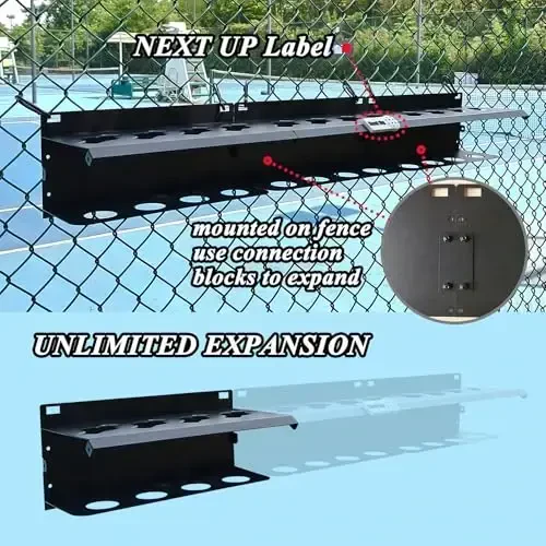 PRAMOON Pickleball Paddle Rack, 4/8/12-Paddle Holder, with Label to Track Next Up Players, Multiple Racks are Spliced to Achieve Expansion, Fence or Wall Mount, Steel, Black - 4