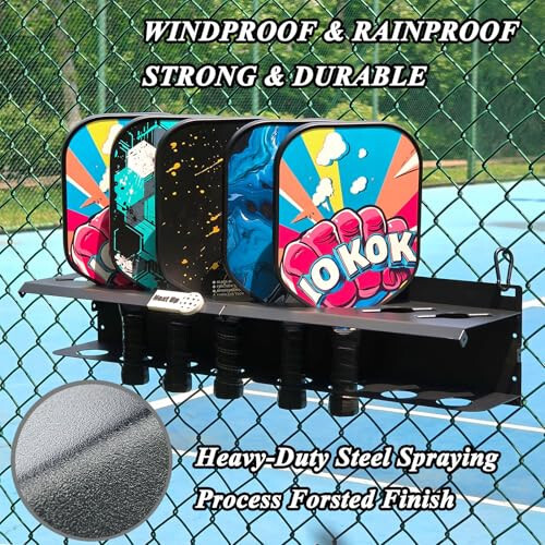 PRAMOON Pickleball Paddle Rack, 4/8/12-Paddle Holder, with Label to Track Next Up Players, Multiple Racks are Spliced to Achieve Expansion, Fence or Wall Mount, Steel, Black - 4