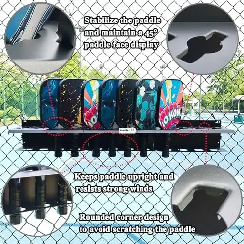 PRAMOON Pickleball Paddle Rack, 4/8/12-Paddle Holder, with Label to Track Next Up Players, Multiple Racks are Spliced to Achieve Expansion, Fence or Wall Mount, Steel, Black - 5