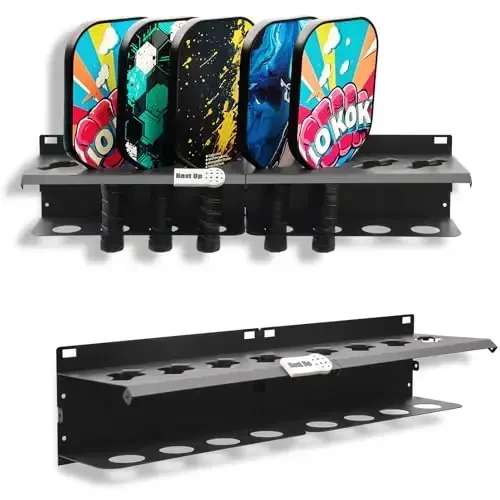 PRAMOON Pickleball Paddle Rack, 4/8/12-Paddle Holder, with Label to Track Next Up Players, Multiple Racks are Spliced to Achieve Expansion, Fence or Wall Mount, Steel, Black 