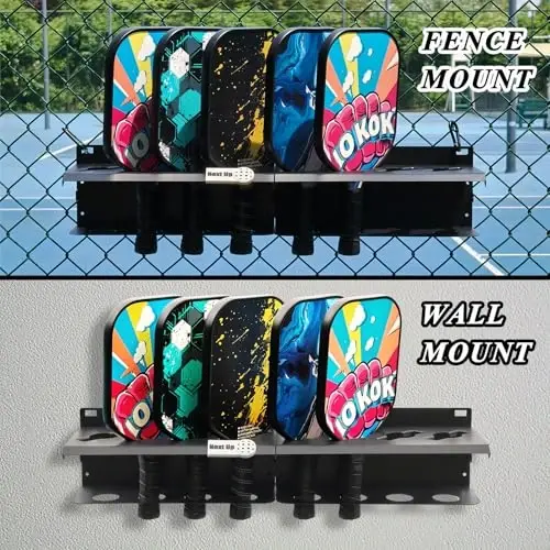 PRAMOON Pickleball Paddle Rack, 4/8/12-Paddle Holder, with Label to Track Next Up Players, Multiple Racks are Spliced to Achieve Expansion, Fence or Wall Mount, Steel, Black - PRAMOON (1)