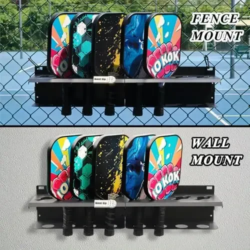 PRAMOON Pickleball Paddle Rack, 4/8/12-Paddle Holder, with Label to Track Next Up Players, Multiple Racks are Spliced to Achieve Expansion, Fence or Wall Mount, Steel, Black - 2