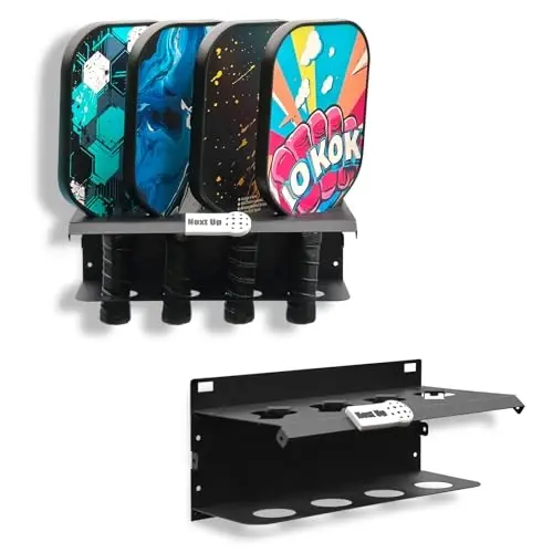 PRAMOON Pickleball Paddle Rack, 4/8/12-Paddle Holder, with Label to Track Next Up Players, Multiple Racks are Spliced to Achieve Expansion, Fence or Wall Mount, Steel, Black 