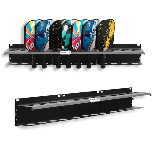 PRAMOON Pickleball Paddle Rack, 4/8/12-Paddle Holder, with Label to Track Next Up Players, Multiple Racks are Spliced to Achieve Expansion, Fence or Wall Mount, Steel, Black 