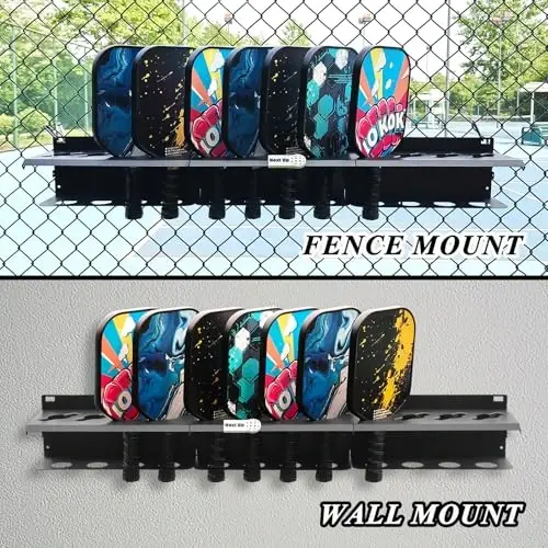 PRAMOON Pickleball Paddle Rack, 4/8/12-Paddle Holder, with Label to Track Next Up Players, Multiple Racks are Spliced to Achieve Expansion, Fence or Wall Mount, Steel, Black - 2