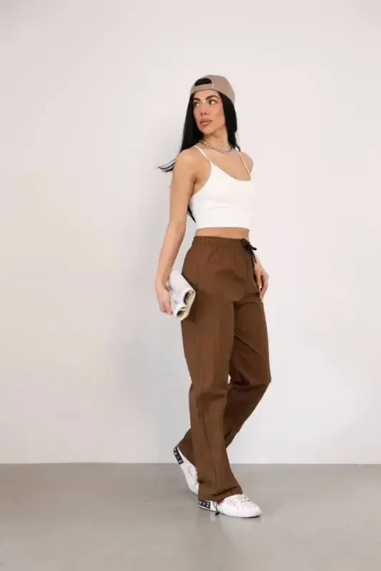 Praşut Kumaş Paça Cepli Baggy Eşofman - Kahve - BÜYÜKBEDENIZ