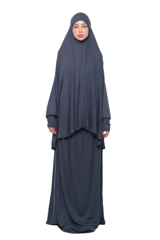 Pratik İki Parça Pamuklu Yarasa Kollu Başörtülü Organik Tesettür Namaz Elbisesi-Füme-Füme - ALTOBEH
