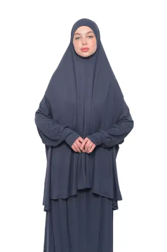 Pratik İki Parça Pamuklu Yarasa Kollu Başörtülü Organik Tesettür Namaz Elbisesi-Füme-Füme - ALTOBEH (1)