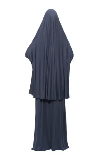 Pratik İki Parça Pamuklu Yarasa Kollu Başörtülü Organik Tesettür Namaz Elbisesi-Füme-Füme - 6