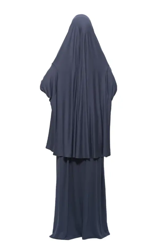 Pratik İki Parça Pamuklu Yarasa Kollu Başörtülü Organik Tesettür Namaz Elbisesi-Füme-Füme - 6