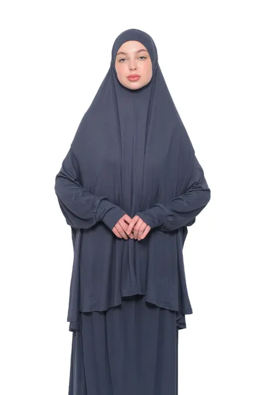 Pratik İki Parça Pamuklu Yarasa Kollu Başörtülü Organik Tesettür Namaz Elbisesi-Füme-Füme - 2