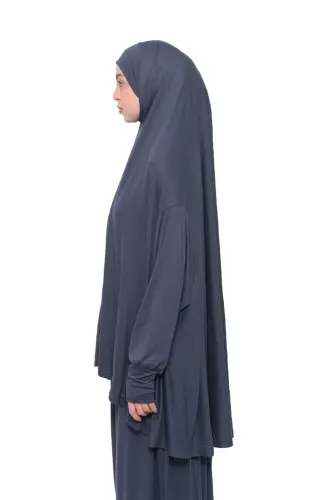 Pratik İki Parça Pamuklu Yarasa Kollu Başörtülü Organik Tesettür Namaz Elbisesi-Füme-Füme - 3