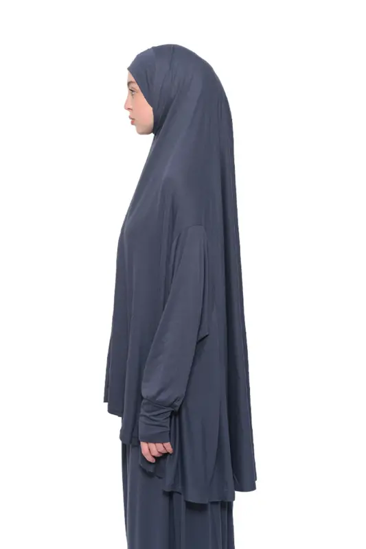 Pratik İki Parça Pamuklu Yarasa Kollu Başörtülü Organik Tesettür Namaz Elbisesi-Füme-Füme - 3