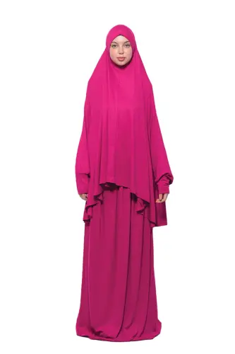 Pratik Iki Parça Pamuklu Yarasa Kollu Başörtülü Organik Tesettür Namaz Elbisesi-fuşya-Fuşya 