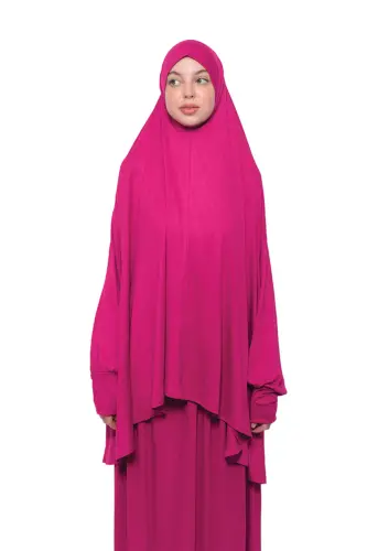 Pratik Iki Parça Pamuklu Yarasa Kollu Başörtülü Organik Tesettür Namaz Elbisesi-fuşya-Fuşya - ALTOBEH (1)