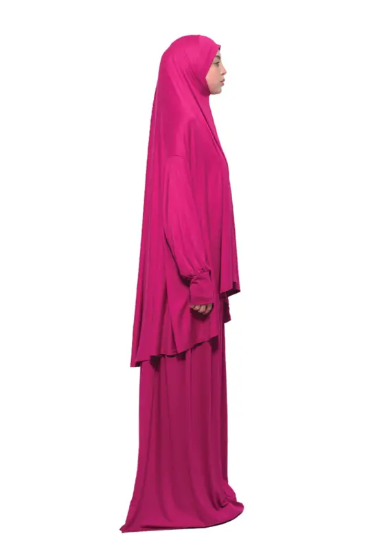 Pratik Iki Parça Pamuklu Yarasa Kollu Başörtülü Organik Tesettür Namaz Elbisesi-fuşya-Fuşya - 4