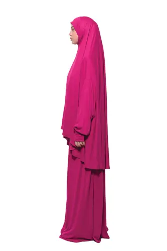 Pratik Iki Parça Pamuklu Yarasa Kollu Başörtülü Organik Tesettür Namaz Elbisesi-fuşya-Fuşya - 3
