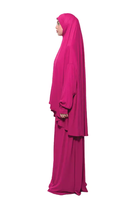 Pratik Iki Parça Pamuklu Yarasa Kollu Başörtülü Organik Tesettür Namaz Elbisesi-fuşya-Fuşya - 3