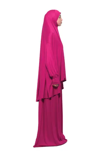 Pratik Iki Parça Pamuklu Yarasa Kollu Başörtülü Organik Tesettür Namaz Elbisesi-fuşya-Fuşya - 4